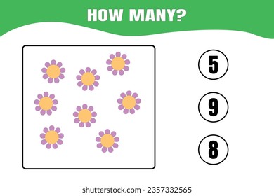 How many flower are there? Educational math game for kids. Printable worksheet design for preschool or elementary kids.