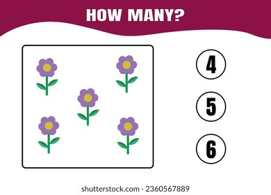 How many flower are there? Educational math game for kids. Printable worksheet design for preschool, kindergarten or elementary kids.