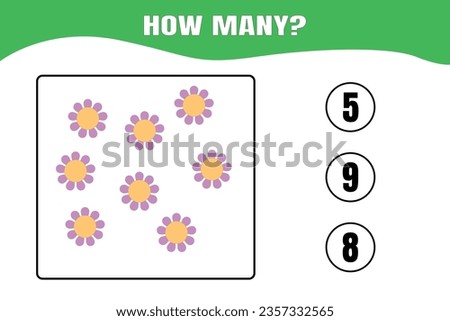 How many flower are there? Educational math game for kids. Printable worksheet design for preschool or elementary kids.