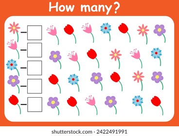How many flowers are there? Counting game for children. Math assignment for preschoolers.