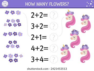 How many flowers game with cute unicorn head and pink mane. Magic, fairytale math addition activity for preschool children. Simple fantasy world printable counting worksheet for kids
