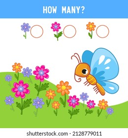 Cuántas flores crecen junto a la mariposa azul. Asignación matemática. Contando juego de niños educacionales, hoja de actividades matemáticas para niños. Ilustración vectorial de color caricatura.