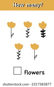 Cuántas flores objetos puzzle educativo rompe la hoja de cálculo de juego de álgebra de adición lindo pagina vectorial preescolar lección de matemáticas imprimible.