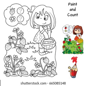 How many flowers and how many strawberry berries the girl found on the meadow? Education counting game for children. Coloring book. Cartoon vector illustration