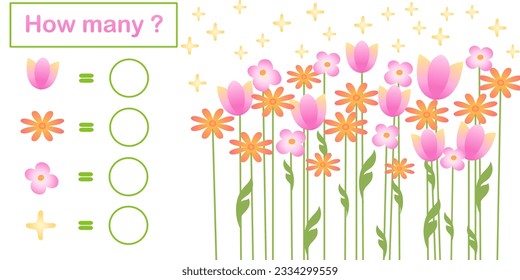 How many flowers are there. Count the number of flowers . Math worksheet for kids.