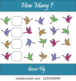 How many flying geese are there. Count the number and write. Math worksheet for kids.