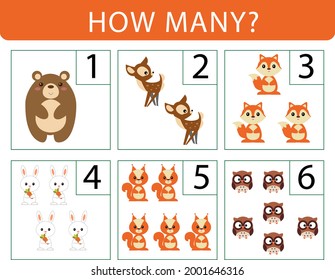 How many the forest animals. Montessori game for children. Educational game for kids quantitative score. Preschool Number Counting Printable Activity, Math Learning for Preschool, Kindergarten 