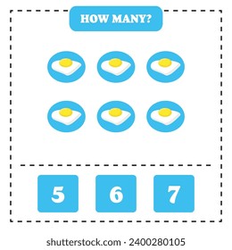 ¿Cuántos huevos fritos hay? Diseño de hojas de cálculo educacionales para niños. Juego de conteo para niños.