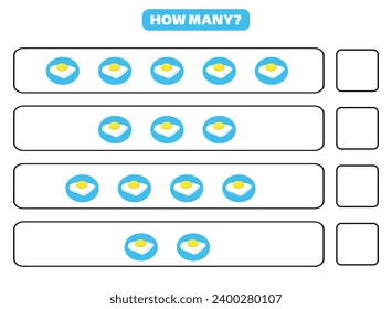 How many fried egg are there? Educational worksheet design for children. Counting game for kids.