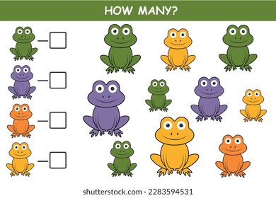 how many frog, a worksheet for preschoolers. To study colors: green, purple, orange, yellow. Educational a mathematical game. Vector illustration