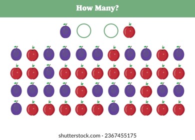 How many fruit are there? Educational math game for kids. Printable worksheet design for preschool, kindergarten or elementary kids.