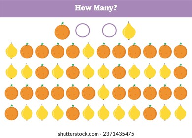 How many fruit are there? Educational math game for kids. Printable worksheet design for preschool, kindergarten or elementary kids.