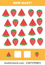 How many fruit are there? Educational math game for kids. Printable worksheet design for preschool, kindergarten or elementary students. Learning mathematic. Counting exercise.