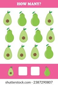 How many fruit are there? Educational math game for kids. Printable worksheet design for preschool, kindergarten or elementary students. Learning mathematic. Counting exercise.
