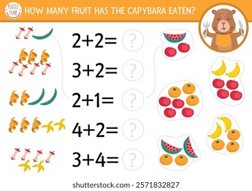 How many fruit game with cute capybara. Capibara math addition activity for preschool children. Simple printable counting worksheet for kids with apple, tangerine, watermelon, banana and their peel