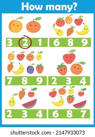 How many fruit.Preschool Counting Activities. Printable worksheet. Educational game for children, kids preschool age. Mathematics task. Learning mathematics, numbers.Tasks for addition.