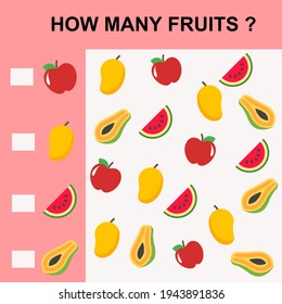 How many fruits children knowledge with apple mango watermelon papaya flat concept design