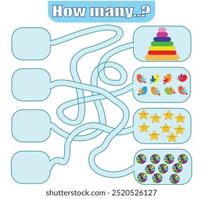 How many game ? count the objects and write the number in the correct place , Maze Game for Kids, Preschool activity sheet for children 