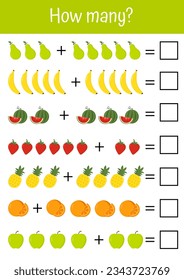 How many game with counting worksheets for kids to practice mathematic addition, subtraction, and logic puzzles. Suitable for preschool, kindergartens, early child development and homeschooling.