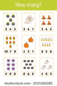 How many game with counting worksheets for kids. Counting to 10. Elementary math for preschool, kindergarten, homeschool. Halloween worksheets for kids. Math educational activity, math game for kids.