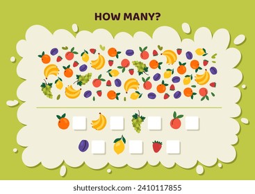 How many game with fruits concept. Puzzle and riddle for kids. Educational materials for children. Banana, peach and lemon, orange. Cartoon flat vector illustration isolated on green background