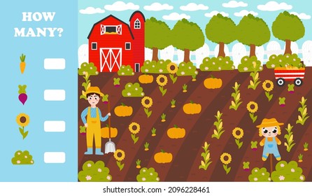 How many game for kids with field of pumpkin and sunflower harvest, scarecrow and farmer digging, farm landscape in cartoon style, printable worksheet for children books