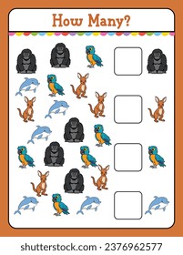 How Many game for kids searching and counting activity for preschool children with cute animal