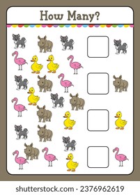 How Many game for kids searching and counting activity for preschool children with cute animal