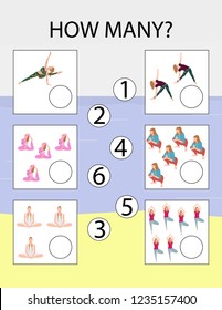 How many game. Kindergarten worksheet. Kids printable game. Funny yoga kids game. Vector Illustration.