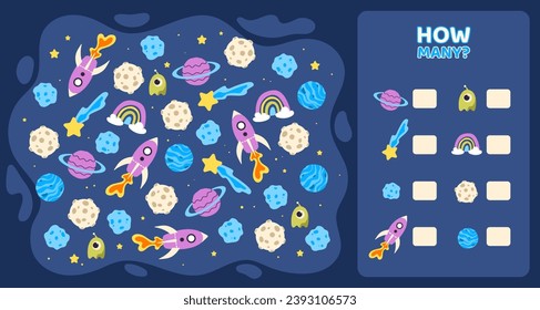 ¿Cuántas plantillas de juego? Astrología y astronomía. Cohetes y planetas. Material educativo para niños. Conocimientos de desarrollo para los niños. Afiche o pancarta. Dibujo vectorial plano de dibujos animados