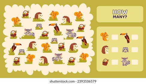 How many game template. Forest dwellers. Hedgehog and squirrel. Educational material for children. Development counting skills for kids. Poster or banner. Cartoon flat vector illustration