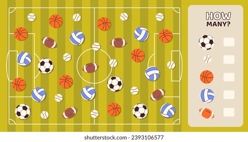 How many game template. Sports and active lifestyle. Football and basketball balls. Educational material for children. Development counting skills for kids. Cartoon flat vector illustration