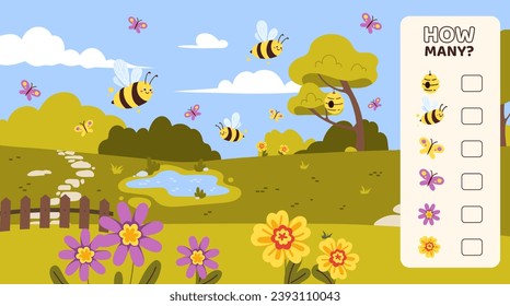 How many game template. Spring and summer lawn. Bees and flowers. Educational material for children. Development counting skills for kids. Graphic element for website. Cartoon flat vector illustration