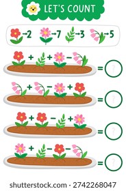 How many garden plants game, equation, rebus. Spring math activity for school children. Printable counting worksheet for kids with flowers on the flower bed
