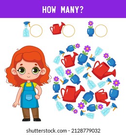 How many garden watering cans and flowers lie next to the girl child gardener and florist Counting educational kids game, kids math activity sheet. Cartoon colored vector illustration.