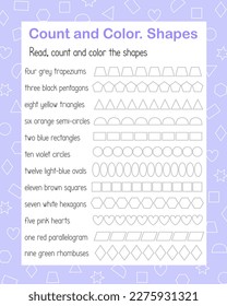 How many geometry shapes count and color game for kids forms and colors topical vocabulary vector illustration, educational puzzle, printable worksheet for leisure or study game, teachers resources