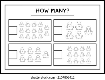 How many Ghost, game for children. Vector illustration, printable worksheet