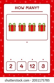 How many gift box, game for children. Vector illustration, printable worksheet