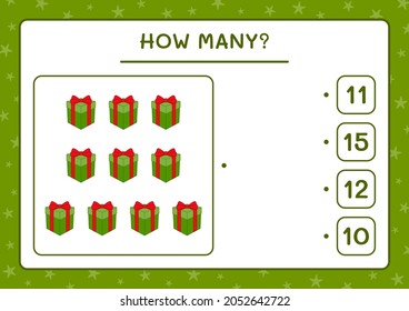 How many gift box, game for children. Vector illustration, printable worksheet