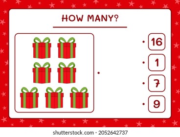 How many gift box, game for children. Vector illustration, printable worksheet