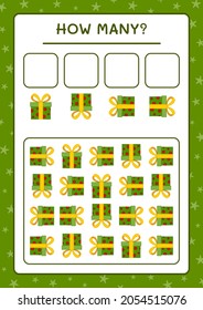 ¿Cuántas cajas de regalo, juegos para niños? Ilustración del vector, hoja de cálculo imprimible