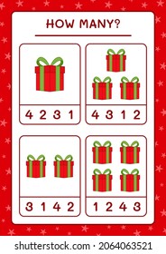 How many gift box, game for children. Vector illustration, printable worksheet