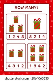 How many gift box, game for children. Vector illustration, printable worksheet