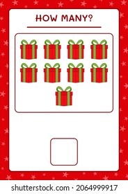 How many gift box, game for children. Vector illustration, printable worksheet