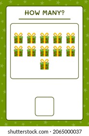 ¿Cuántas cajas de regalo, juegos para niños? Ilustración del vector, hoja de cálculo imprimible