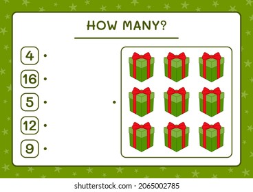 How many gift box, game for children. Vector illustration, printable worksheet