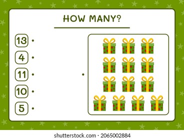 How many gift box, game for children. Vector illustration, printable worksheet