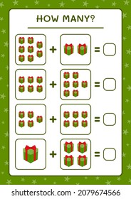 How many gift box, game for children. Vector illustration, printable worksheet