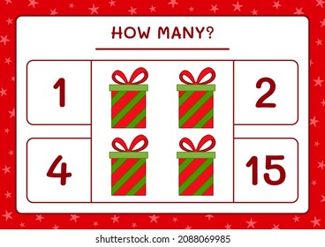 How many gift box, game for children. Vector illustration, printable worksheet