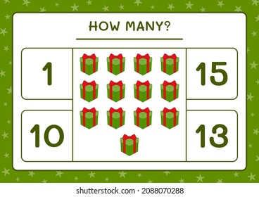 How many gift box, game for children. Vector illustration, printable worksheet